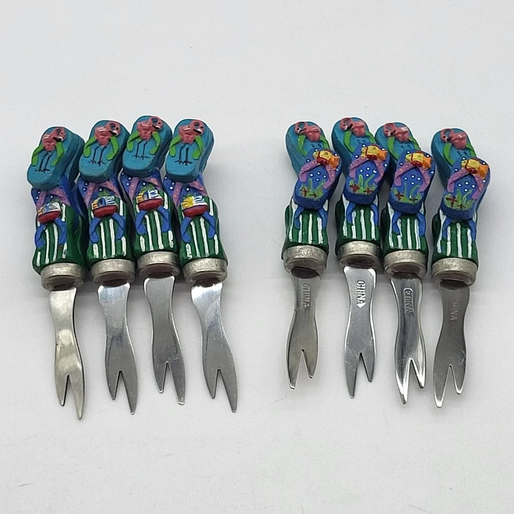 Appetizer Forks Novelty Flip Flops Flamingo & Fish Summer Cocktail Set Of 8